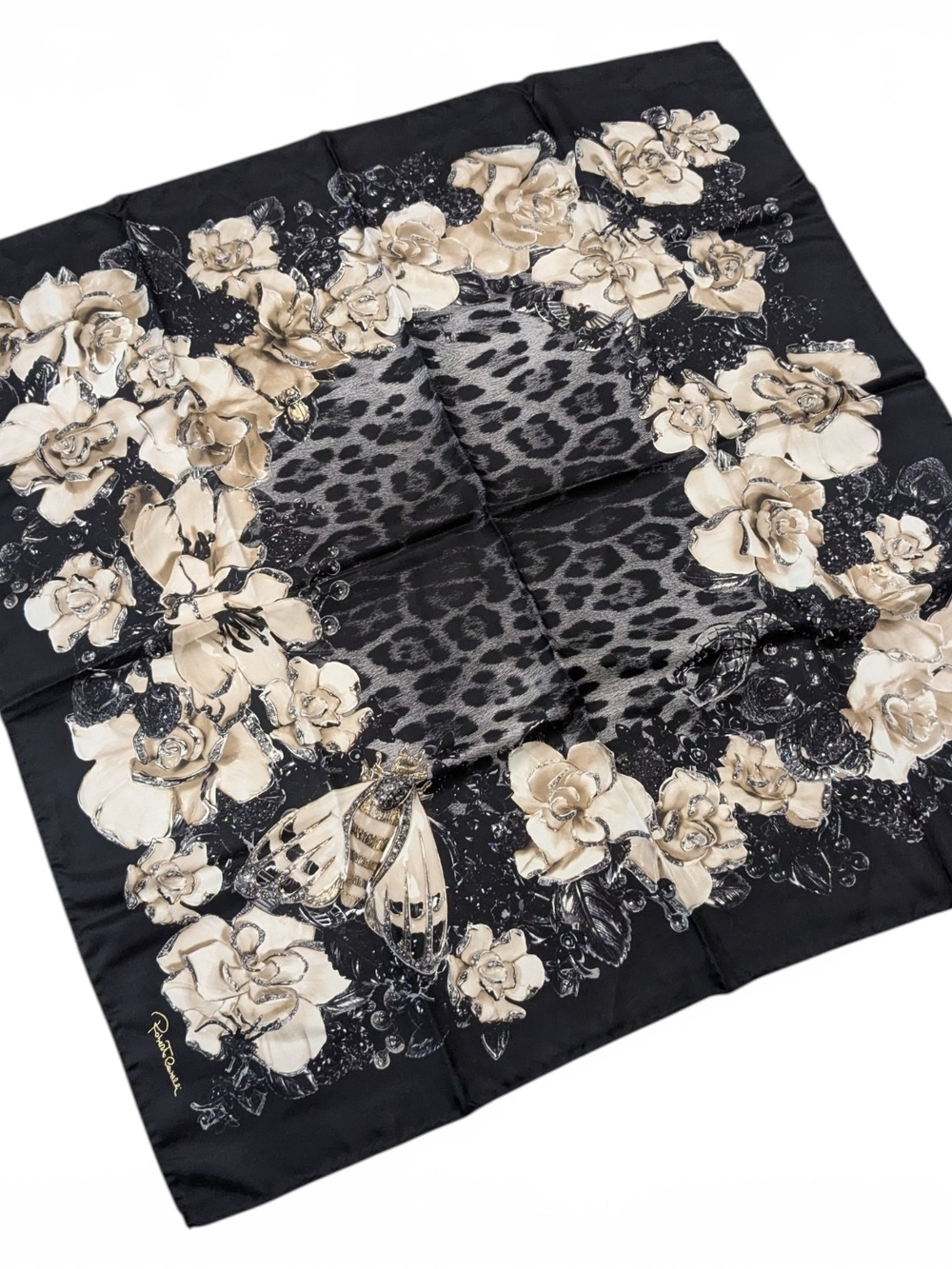 Roberto Cavalli Women's Black Floral 100% Silk Scarf Shawl NWT